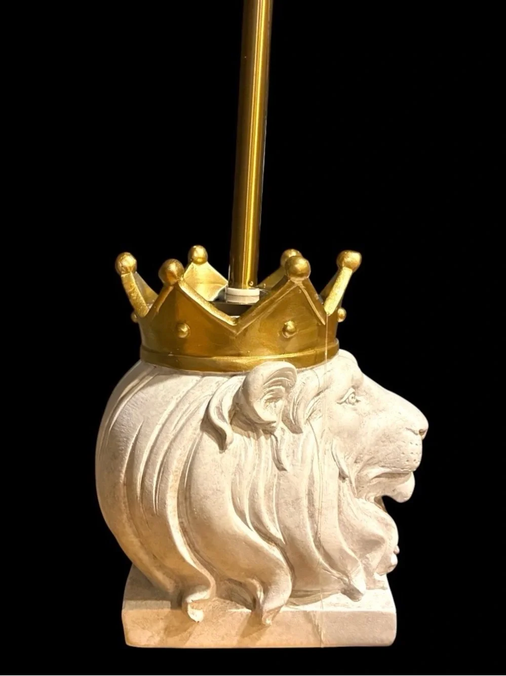 Lion Head w Gold Metallic Tone Crown Toilet Brush Holder White Stone Look Resin